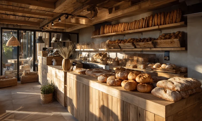Vue intérieure d’une boulangerie artisanale avec pain au levain et ambiance chaleureuse