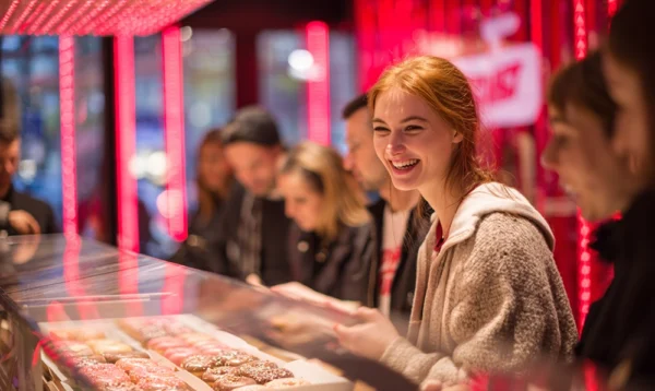 Intérieur de la boutique Krispy Kreme à Paris avec Hot Light rouge allumée