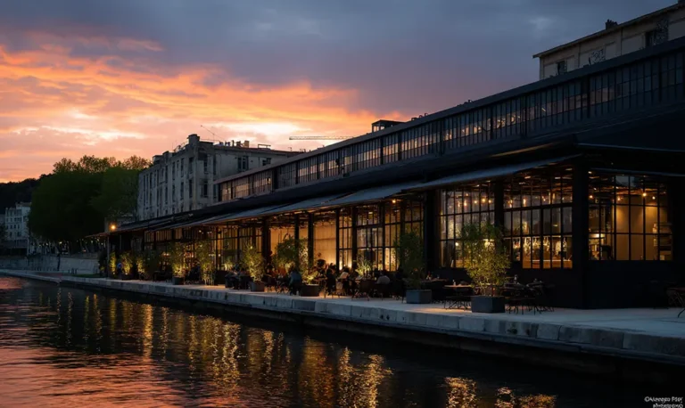 Façade en bois et métal de la Brasserie L’Ouest de Paul Bocuse à Lyon, au bord de la Saône