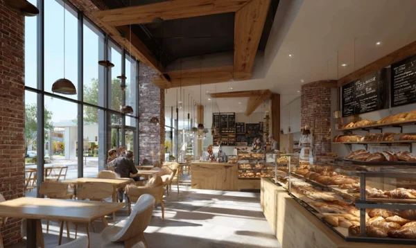 Intérieur lumineux d’un café-boulangerie avec clients et vitrines garnies de produits artisanaux
