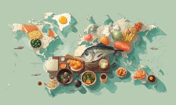 Infographie artistique du globe illustrée d’aliments commençant par la lettre I