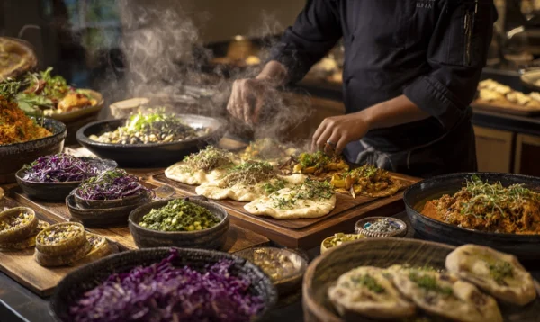 Chef préparant des plats à base d’aliments en N comme le navarin, le naan et les nems