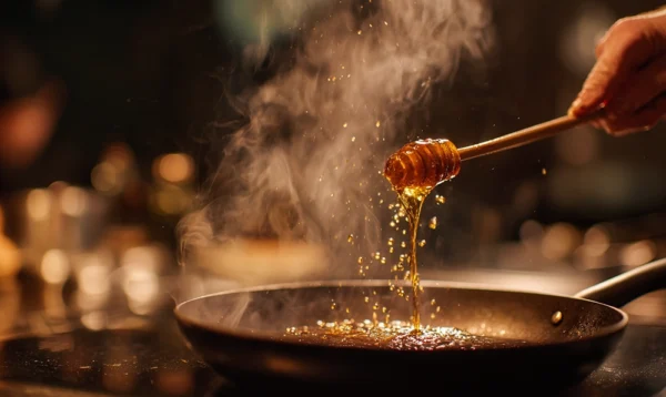 Chef préparant une sauce au miel et vinaigre balsamique pour accompagner le magret