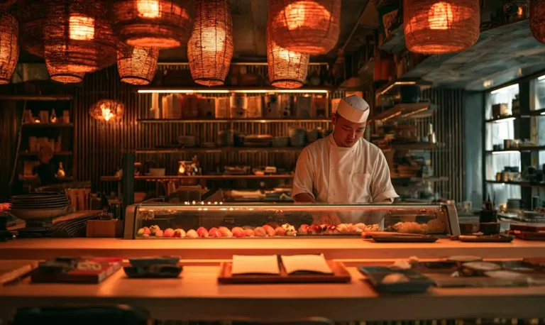 Chef japonais en pleine préparation d’un sushi Omakase dans le restaurant Sushi Hiroshi, ambiance zen et raffinée