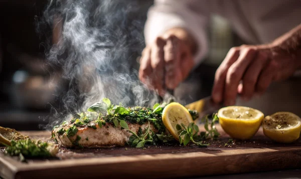 Chef cuisinant du bar à la plancha avec herbes fraîches et citron en été