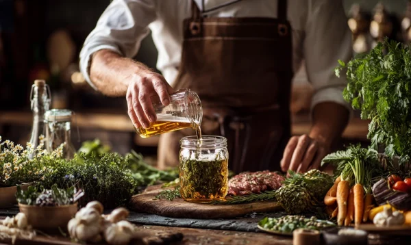 Photo d’un cuisinier utilisant une bière périmée en marinade dans une ambiance chaleureuse