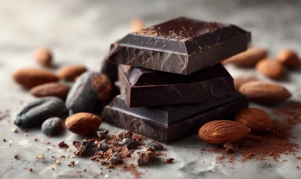 Chocolat noir, fèves de cacao, amandes entières et poudre d’amande disposés sur un plan de travail