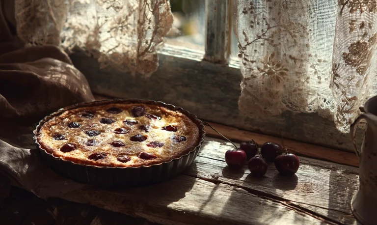 Photo d’un clafoutis limousin traditionnel avec cerises entières et ambiance rustique