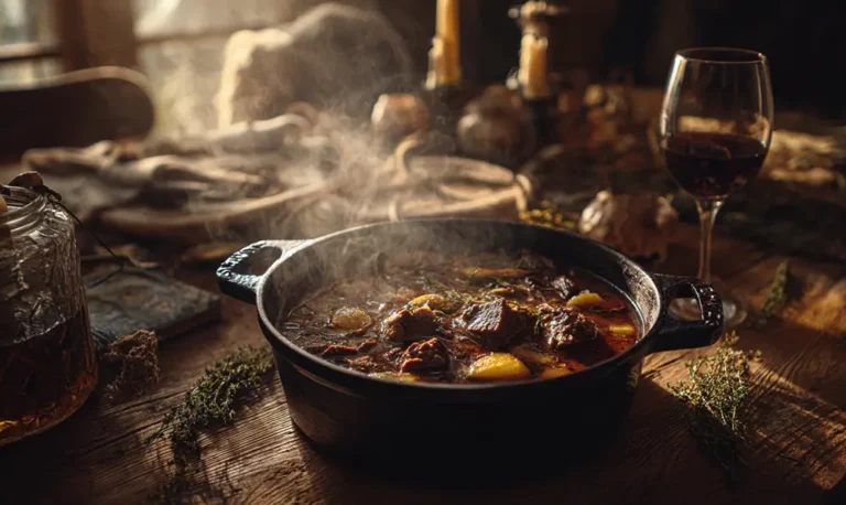 Photo d’un civet de sanglier dans une cocotte en fonte sur une table rustique, plat traditionnel français
