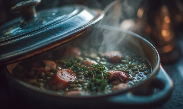 Cocotte en fonte avec lentilles vertes du Puy et saucisses mijotant à feu doux