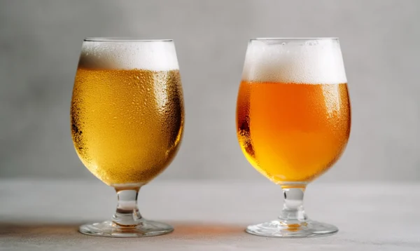 Image comparative montrant une bière pétillante et une bière éventée pour illustrer la perte de qualité après la DDM