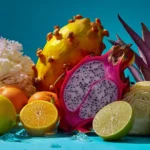 Fruits et légumes en I, dont icaque et igname, en composition lumineuse pour illustrer la diversité culinaire mondiale