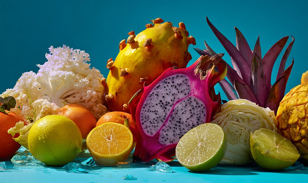 Fruits et légumes en I, dont icaque et igname, en composition lumineuse pour illustrer la diversité culinaire mondiale