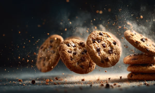 Cookies sortant du four avec pépites de chocolat fondantes et vapeur appétissante