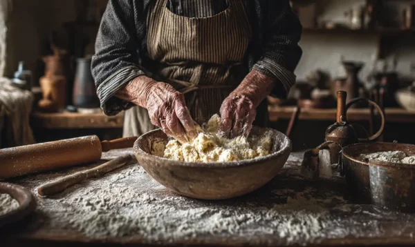 Mains d’une grand-mère charentaise mélangeant du beurre AOP Charente-Poitou dans la pâte de la galette traditionnelle
