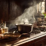 Cocotte en fonte et flambage du Cognac pour une lotte armoricaine traditionnelle
