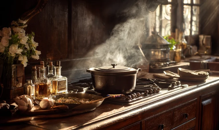 Cocotte en fonte et flambage du Cognac pour une lotte armoricaine traditionnelle