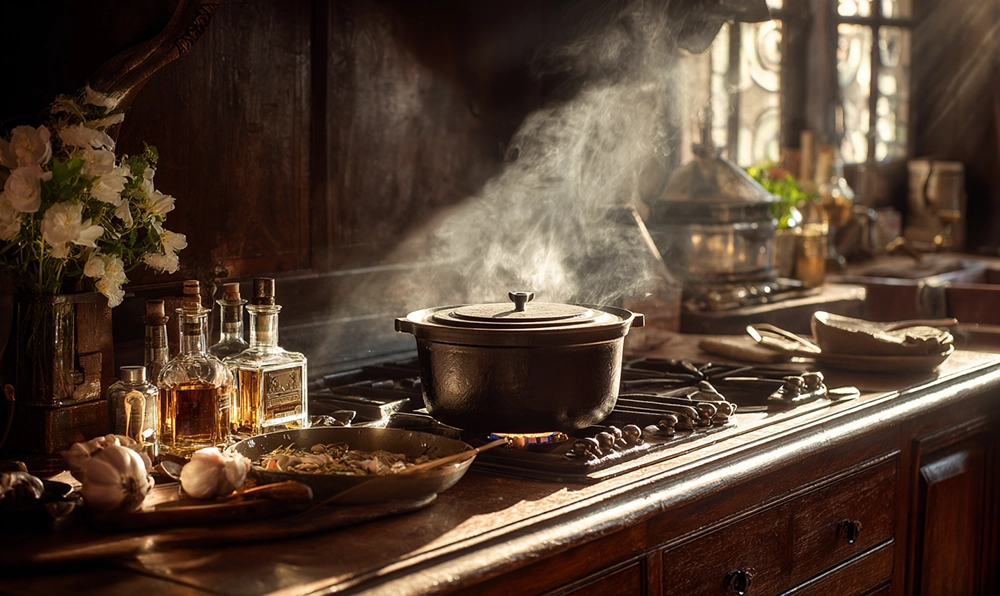 Cocotte en fonte et flambage du Cognac pour une lotte armoricaine traditionnelle