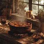 Cocotte en fonte remplie de daube de sanglier fondante sur un plan de travail provençal, entourée d’herbes et de vin rouge.