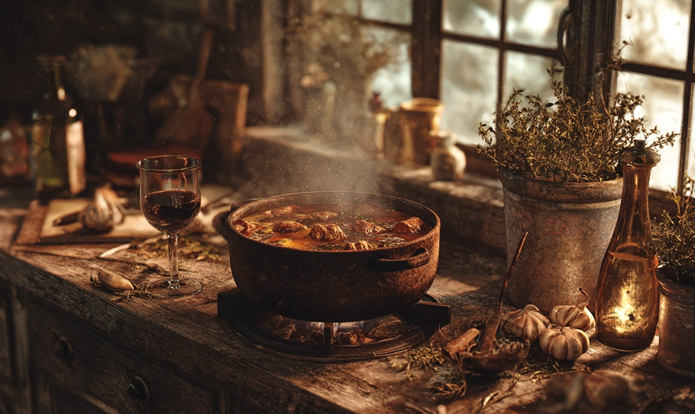Cocotte en fonte remplie de daube de sanglier fondante sur un plan de travail provençal, entourée d’herbes et de vin rouge.