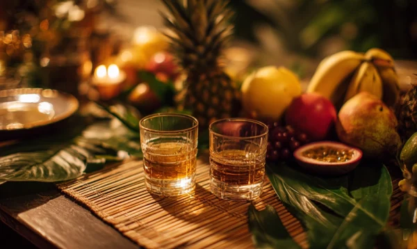 Verres de rhum arrangé banane sur une table tropicale éclairée à la bougie