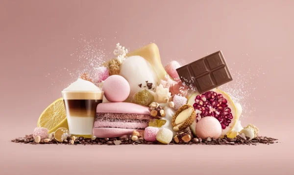 Assortiment de desserts commençant par la lettre N : nougat, nonnette, nectar et napolitain