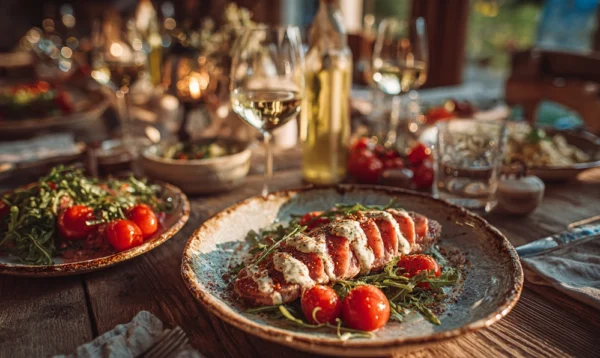 Tranches de veau nappées de sauce tonnato servies avec salade et vin blanc italien