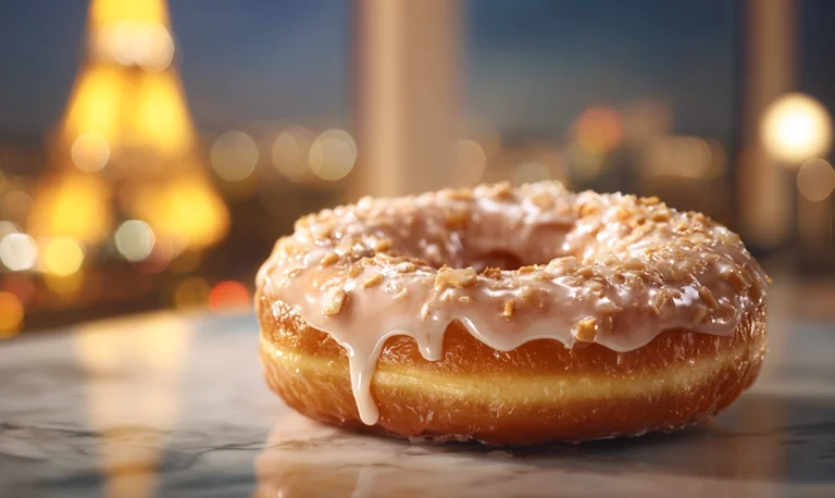 Donut Krispy Kreme brillant au glaçage doré sur un comptoir parisien