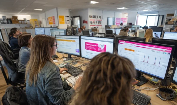 Équipe de Promoconso contrôlant manuellement les prix sur des écrans d’ordinateur