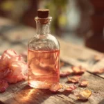 Flacon de sirop de rose artisanal entouré de pétales de roses fraîches