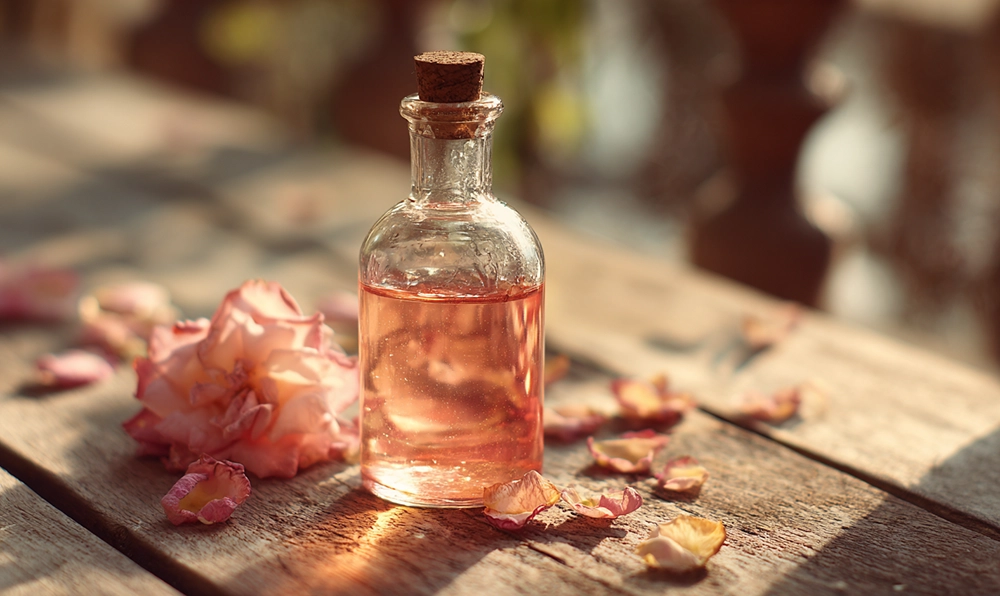 Flacon de sirop de rose artisanal entouré de pétales de roses fraîches