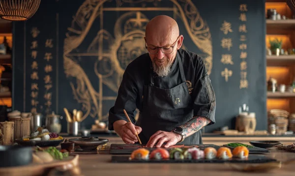 Siben N’Ser préparant des sushis innovants dans la cuisine Planet Sushi