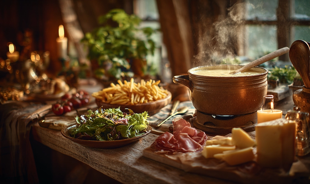 Caquelon de fondu creusois avec frites, salade et jambon cru dans une auberge rustique