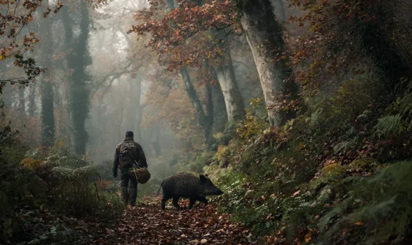 Illustration d’un chasseur en forêt d’automne symbolisant les origines du civet de sanglier