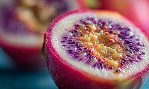 Vue rapprochée d’un fruit icaque coupé montrant sa texture cotonneuse