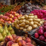 Étals colorés de marché remplis de pêches, poires, poivrons et pamplemousses frais