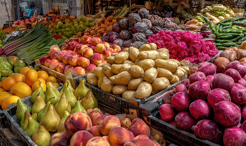 Étals colorés de marché remplis de pêches, poires, poivrons et pamplemousses frais