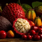 Composition visuelle de jacquier, jujube et jícama sur fond tropical