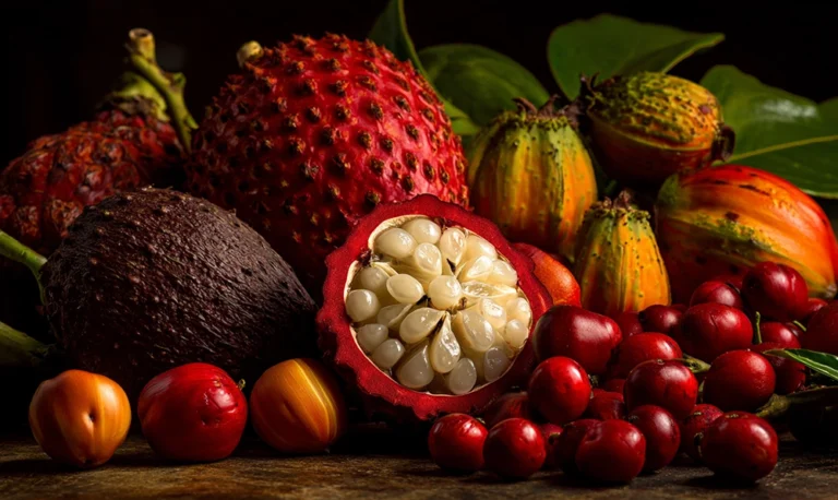 Composition visuelle de jacquier, jujube et jícama sur fond tropical