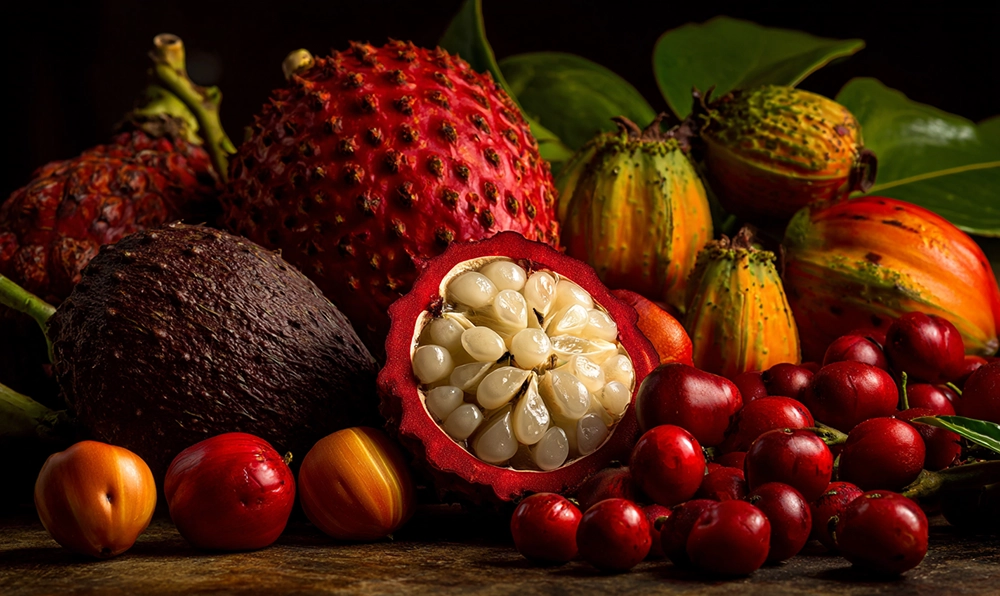 Composition visuelle de jacquier, jujube et jícama sur fond tropical