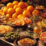 Fruits, légumes et plats en O sur un marché méditerranéen ensoleillé
