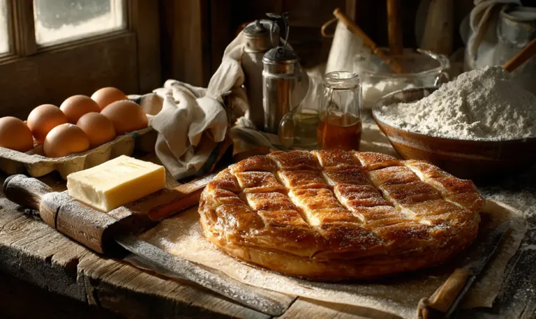 Galette charentaise rustique dorée avec croisillons à la fourchette sur table en bois, ingrédients du terroir charentais