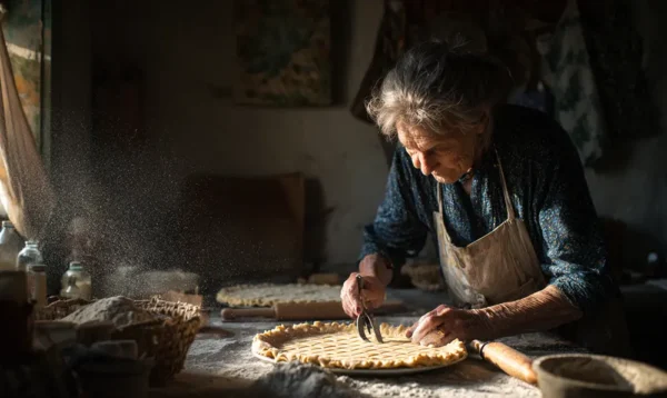 Grand-mère charentaise traçant des croisillons à la fourchette sur la pâte de la galette dans une cuisine rustique