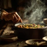 Grand-mère cuisinant une cocotte de saucisses lentilles vertes du Puy dans une cuisine rustique