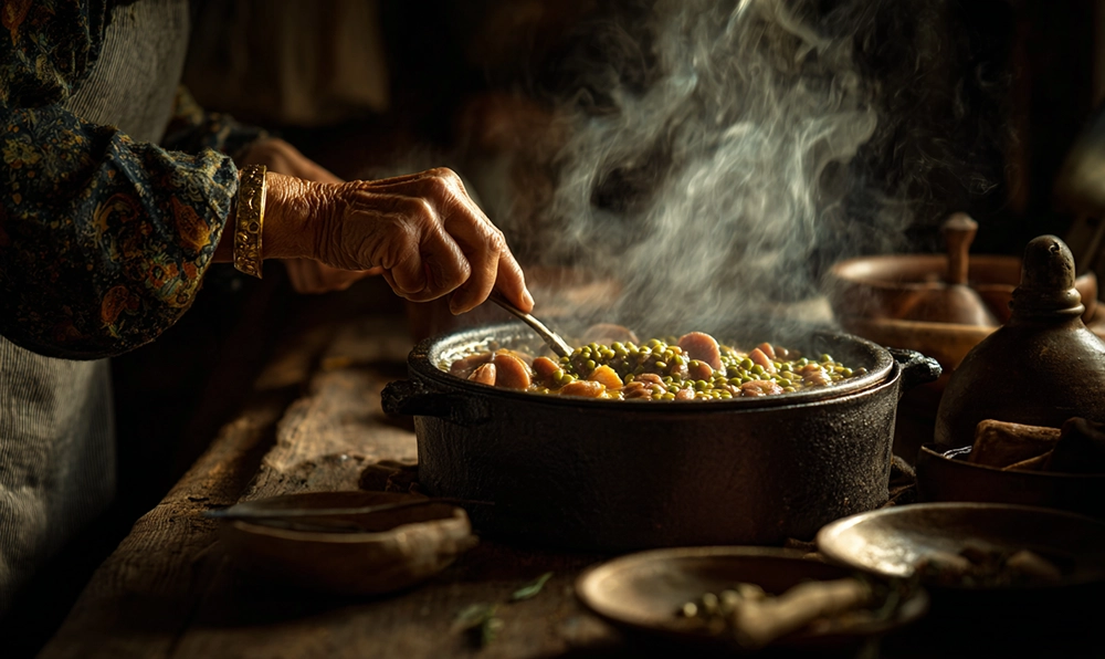Grand-mère cuisinant une cocotte de saucisses lentilles vertes du Puy dans une cuisine rustique