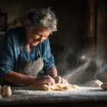 Grand-mère préparant des biscuits sablés à la main dans une cuisine rustique