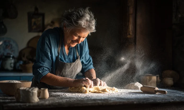 Grand-mère préparant des biscuits sablés à la main dans une cuisine rustique