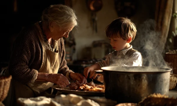 Scène chaleureuse d’une grand-mère enseignant la recette du ris de veau à son petit-fils