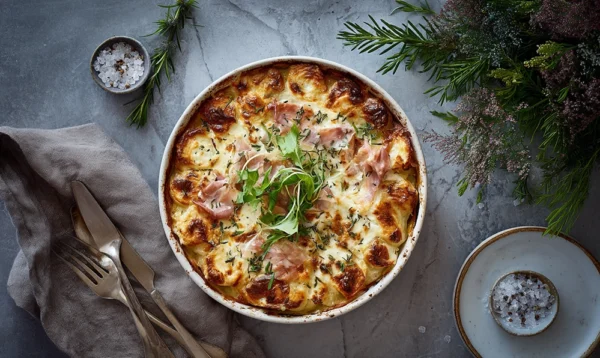 Version créative du gratin poireau jambon avec chÚvre frais et herbes, présentation moderne