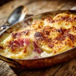 Gratin poireau jambon maison doré au fromage sur une table rustique, recette facile et gourmande